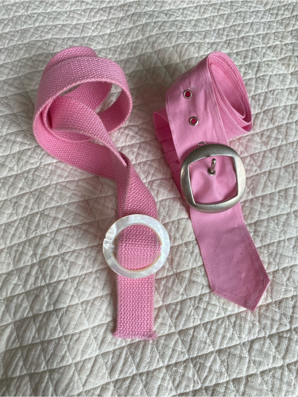 Bundle of 2 Pink Cloth Belts shell-like, silver-tone buckles Nautical Preppy